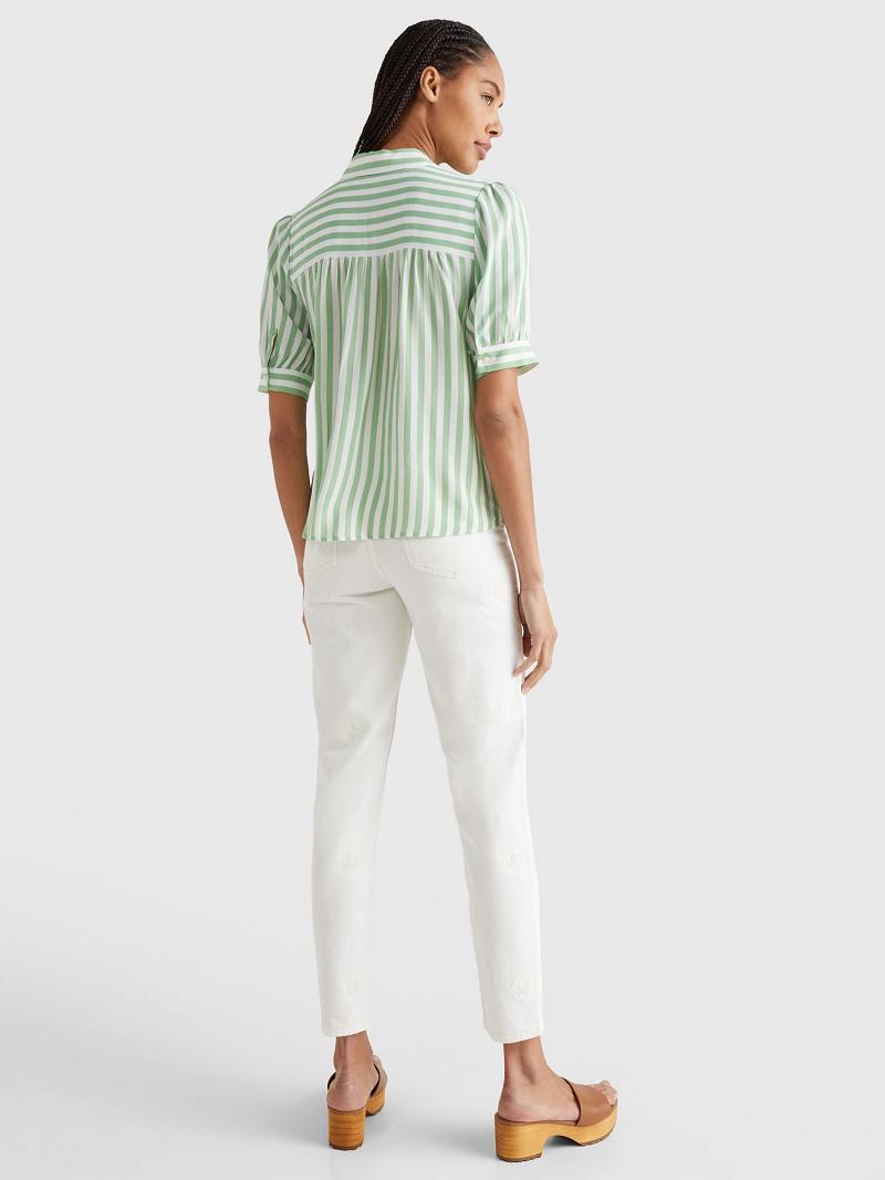 Női Tommy Hilfiger Stripe Half-Sleeve Blouses Menta | HU 20LIS